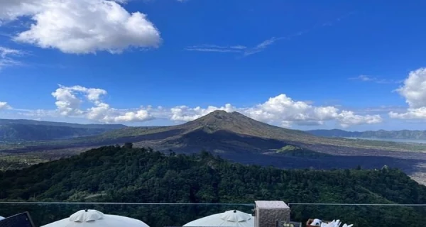 Mount Batur and Lake Batur viewed from the Kintamani highlands.