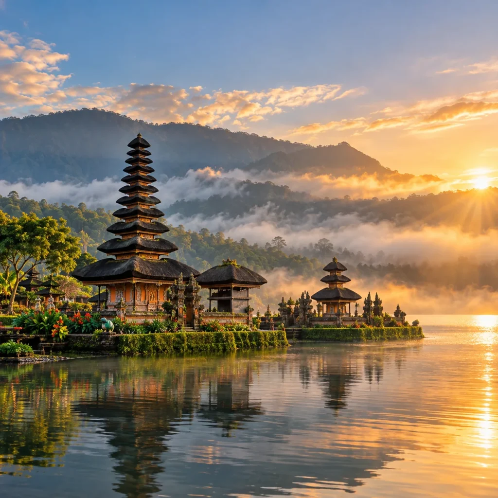 Ulun Danu Beratan Temple overlooking Lake Beratan in Bali