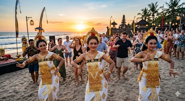 Balinese performers entertain a company group during a Bali dinner event.